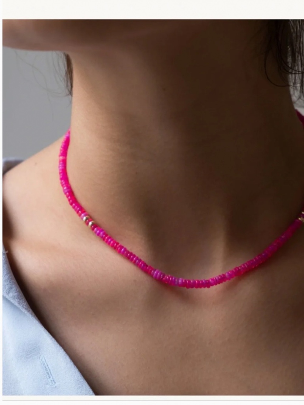 Vivien Frank Neon Pink Gemstone Beaded Necklace 14K Gold Filled - Picture 7 of 9